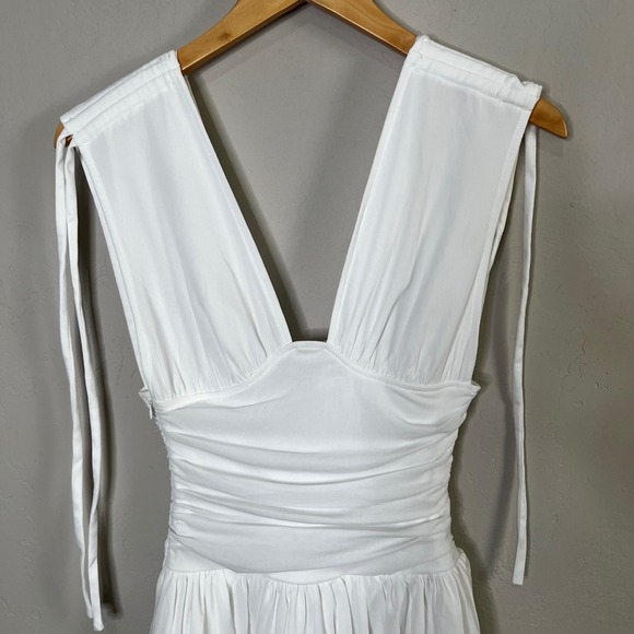 Lulus Luisella White Ruched Deep V Mesh Tiered Tie Shoulder Mini Dress Size XS - Picture 2 of 8